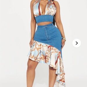 Fashion Nova Blue and White Asymmetrical Skirt